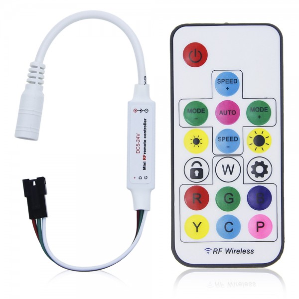 WS2812B WS2811 Addressable LED Controller RF Remote Wireless Mini Controller 5~24V DC for WS2812 WS2811 Dream Color Rainbow RGB LED Pixel Strip Panel Light, 3pin JST Connector 200 Color Modes