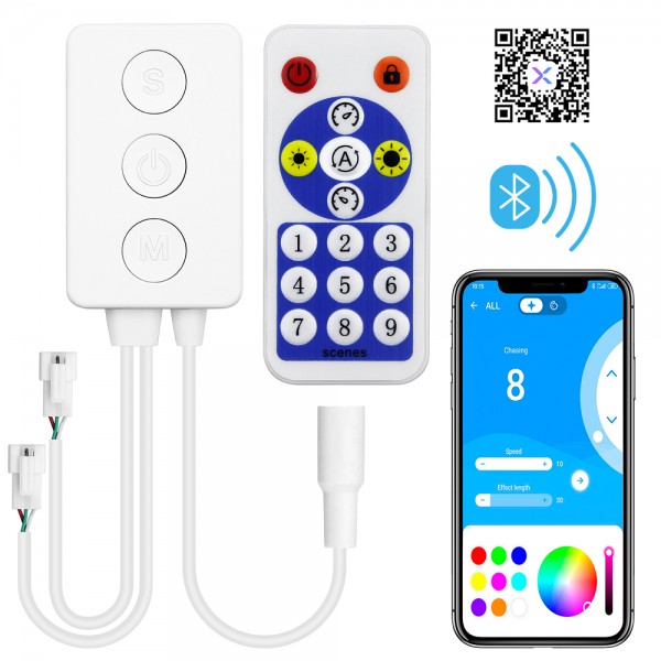 WS2812B Controller Bluetooth Music Sync WS2811 Addressable RGB LED Controller with RF Remote Dual Signal Output DC 5V~24V for SK6812 WS2812 SM16703 1903 3Pin Dream Color LED Pixel Strip Lights