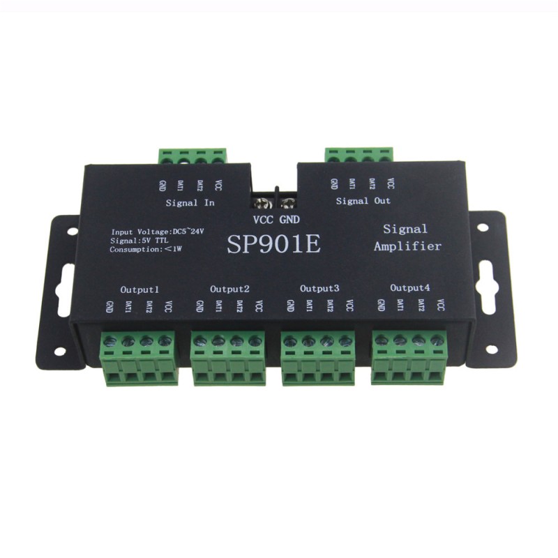 WS2812B WS2811 SPI Signal Amplifier Repeater, for WS2813 SK6812 WS2815 WS2801 RGB Addressable LED Pixel Strip Light and Dream Color Programmable LED Matrix Panel Light DC 5V~24V (SP901E)