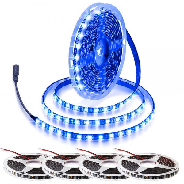 Blue LED Strip Lights Waterproof IP65 82ft, 5-Pack of 16.4ft/5M 60 LEDs/M Black PCB 5050 12V LED Light Strip W/ Enhanced 3M VHB Foam Tape for Home Garden Decoration Lighting, No Power Supply