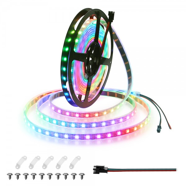 WS2812B Addressable RGB LED Strip Waterproof IP67 Programmable Dream Color Digital LED Pixels Flexible Tape Light 16.4ft 300 LEDs 5V DC Black FPCB, Eco Version, No Power Supply Controller