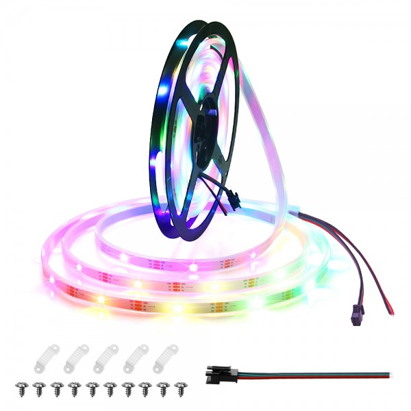 WS2812B LED Strip 16.4ft Individually Addressable RGB 90LEDs Pixels Dream Color Digital Programmable LED Ribbon Light 5V Waterproof IP67 White PCB, Eco Version, No Power Supply Controller