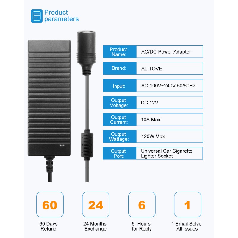 BYGD AC to DC Converter, 100V ~ 240V to 12V 10A 120W, Car Cigarette Lighter  Socket AC/DC Power Supply Adapter Transformer for Tire Inflator, Car