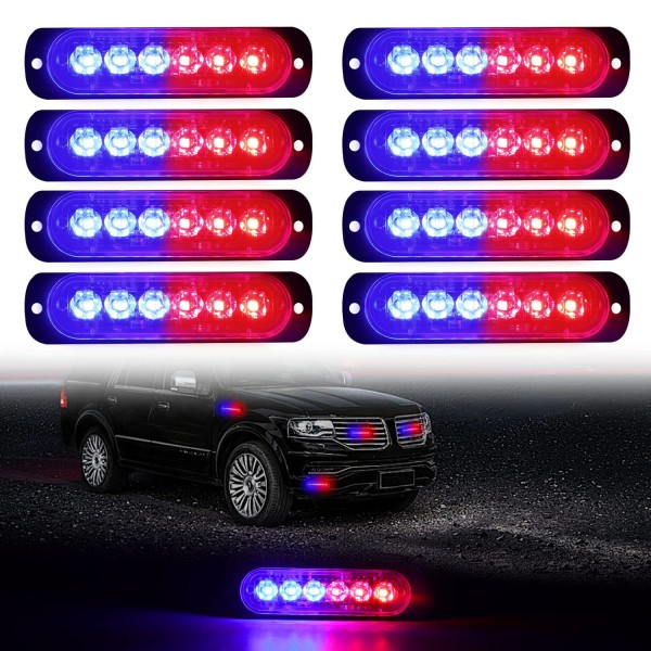 Samsion  LED Emergency Strobe Lights, 8x Red Blue 6 LED Strobe Warning Emergency Flashing Light Caution Construction Hazard Light Bar For Car Truck Van Off Road Vehicle ATV SUV Surface Mount