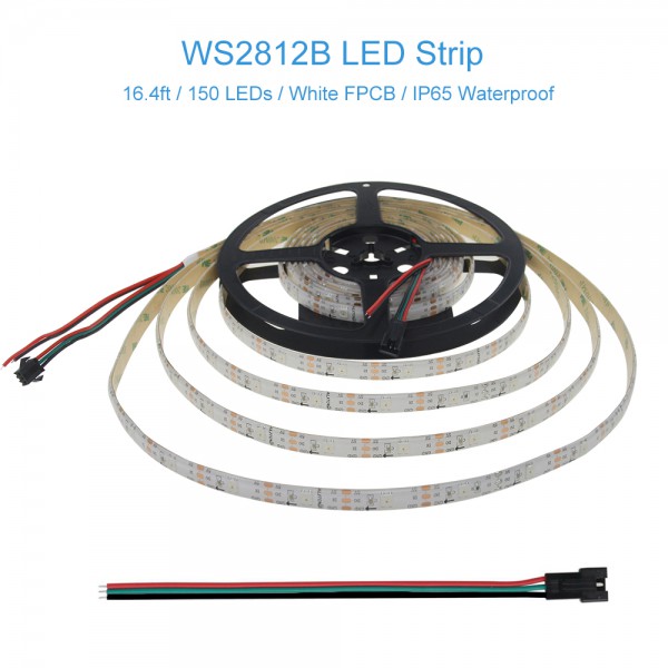 16.4ft 150 Pixels WS2812B Individually Addressable RGB LED Strip Light Dream Color Waterproof IP65 White PCB 5V DC